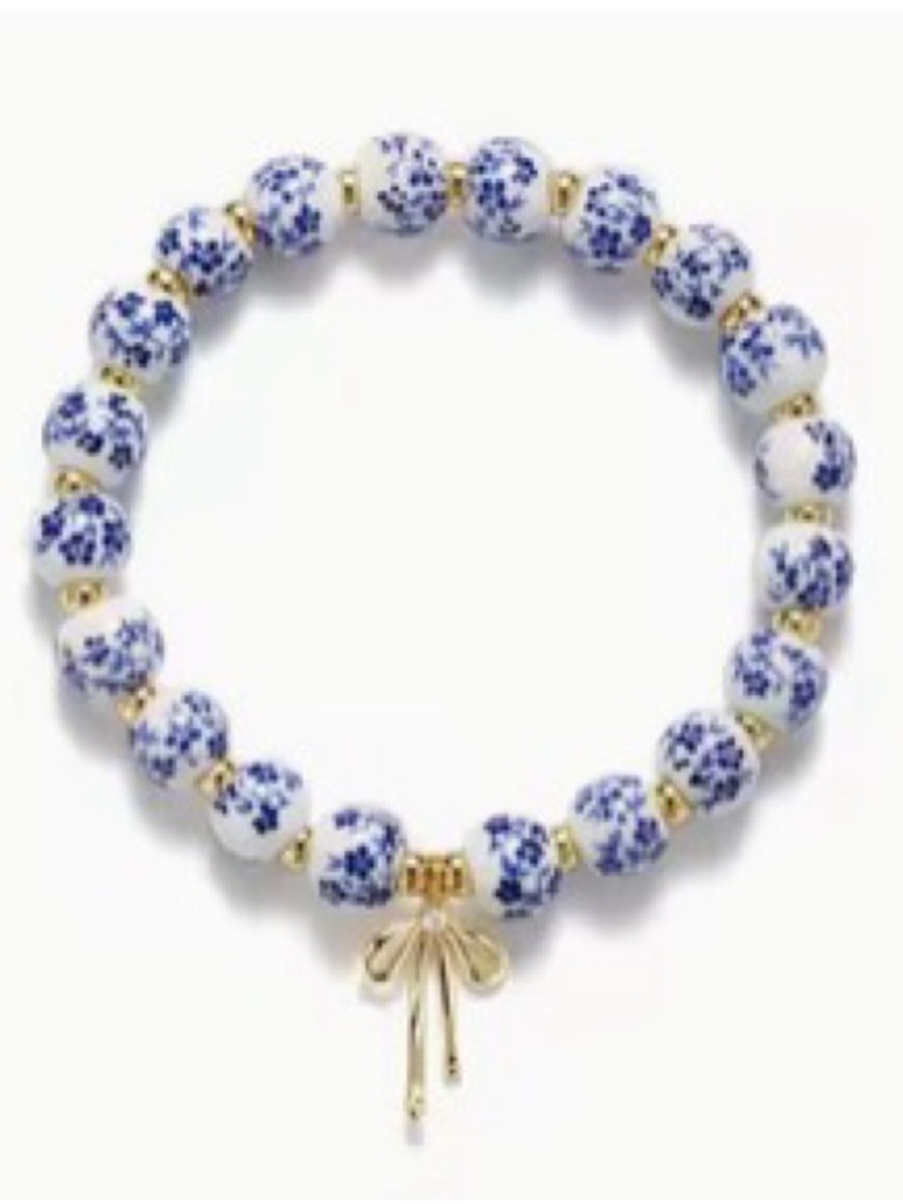 Gold Bow Charm Blue and White Beaded Bracelet